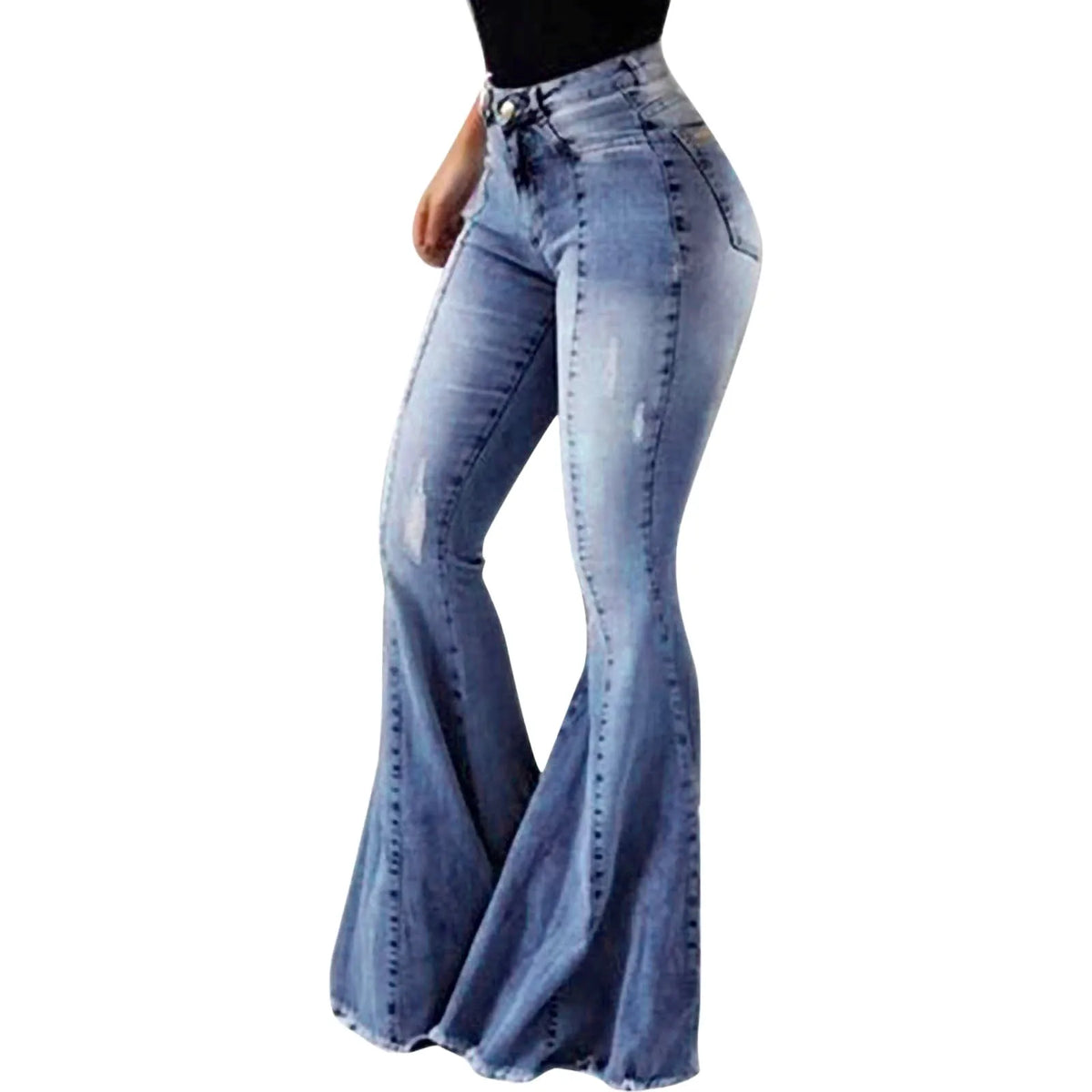 Floor Length Flare Pants Women Bootcut Ripped High Waist Stretchy Wide Leg Jeans Frayed.