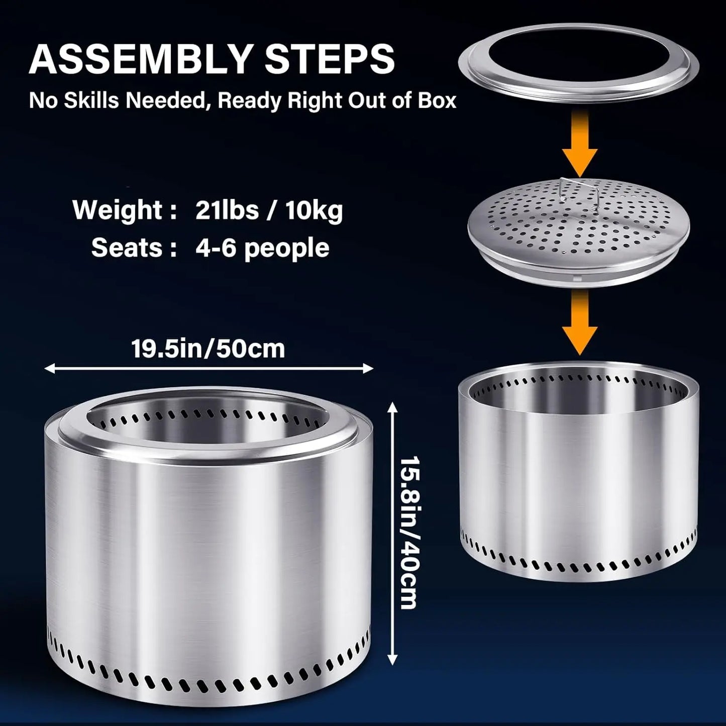 20 Inch Smokeless Fire Pit Outdoor, Stainless Steel Wood Burning Firepit
