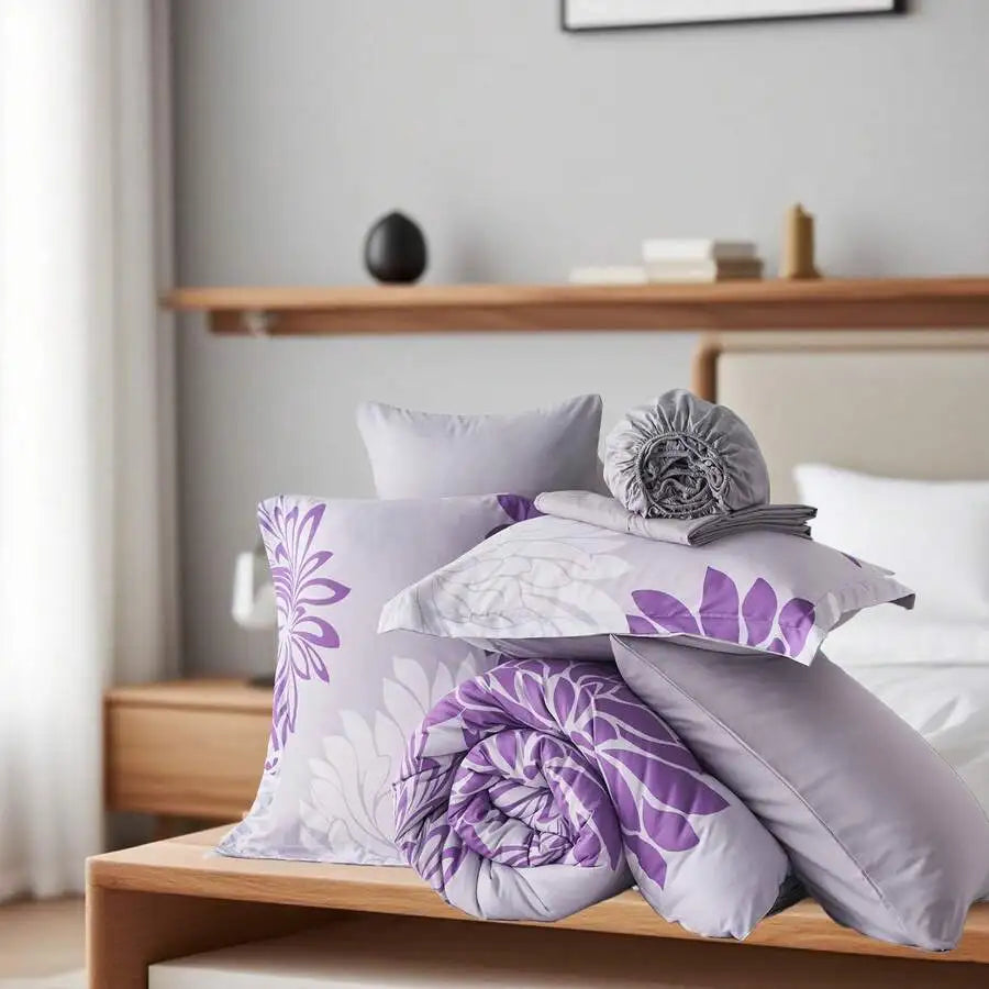 7 Pieces Chic Floral Printed Bed Comforter Sets, Queen King, ., Bed In A Bag, .