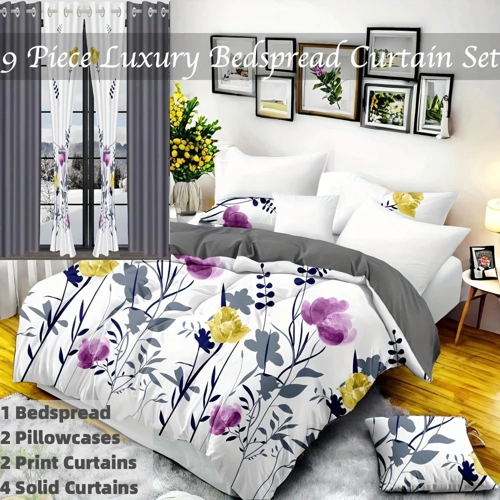 9 Piece Luxury Bedspread And Curtain Set Purple Floral Microfiber All Season