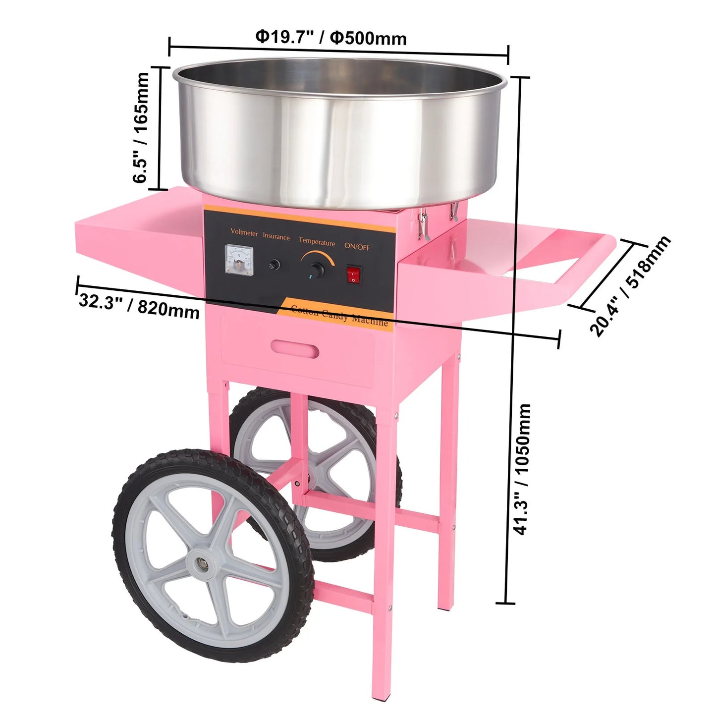 Electric Cotton Candy Machine with Cart 1000W Commercial Floss Maker with Stainless Steel Bowl Sugar Scoop and Drawer