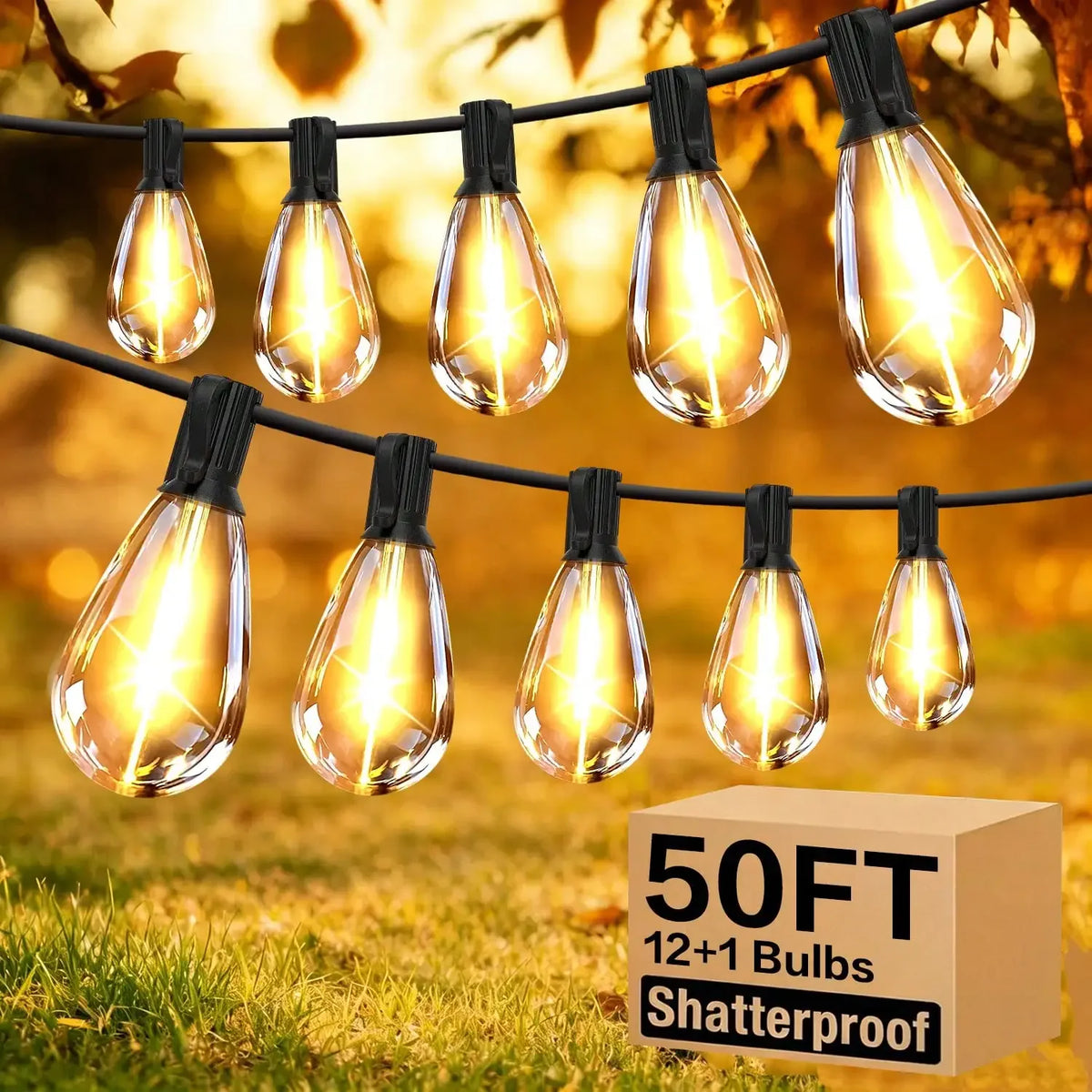50/100FT Outdoor String Lights With 12 S14 Edison Vintage Bulbs, Connectable Outdoor Patio Lighting, Waterproof And Shatterproof .
