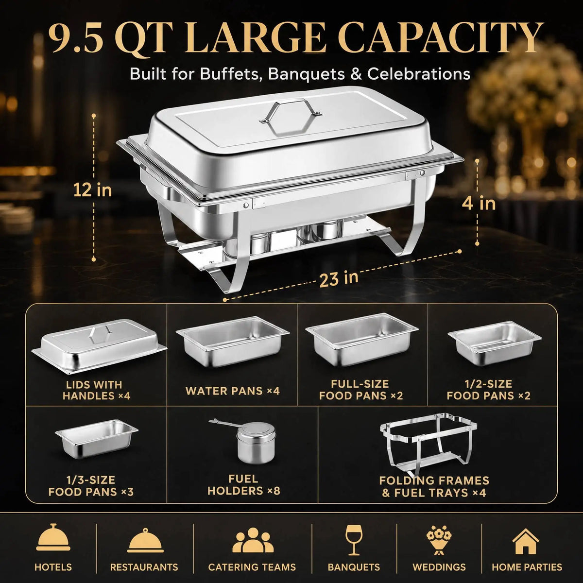 4 Pack 9.5 QT Stainless Steel Chafing Dishes Buffet Set, 7 Food Pans & Folding Stands,.