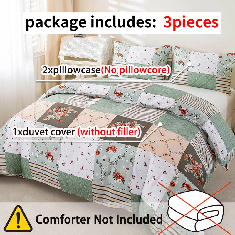 Green Patchwork Printed Duvet Cover Set,., Suitable for All Seasons, Includes 1 Duvet Cover and 1-2 Pillowcases