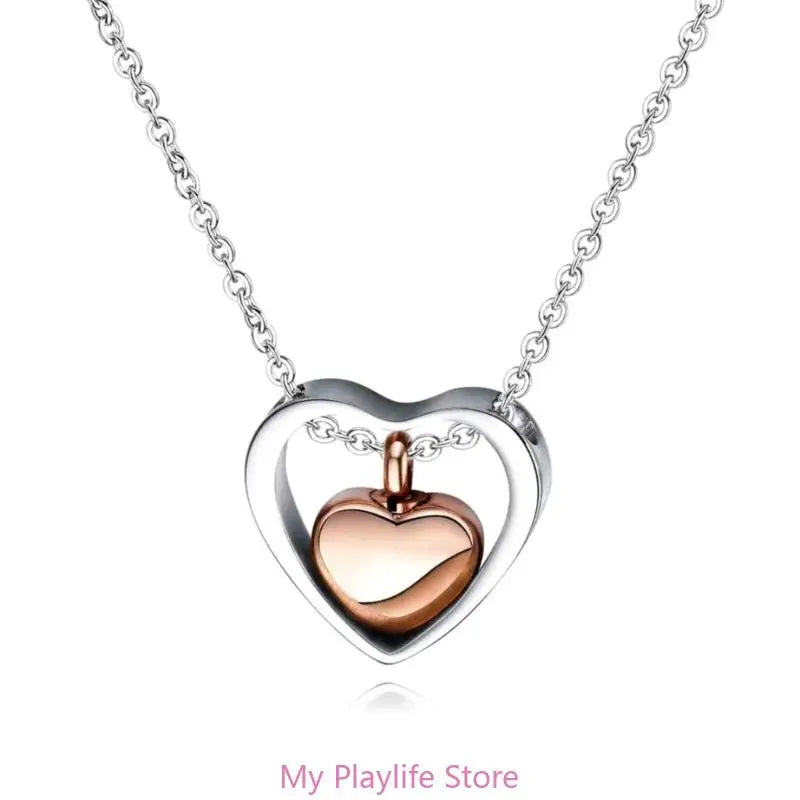 Stainless Steel Double Heart Cremation Urn Necklace Funnel Fill Memorial Ashes .
