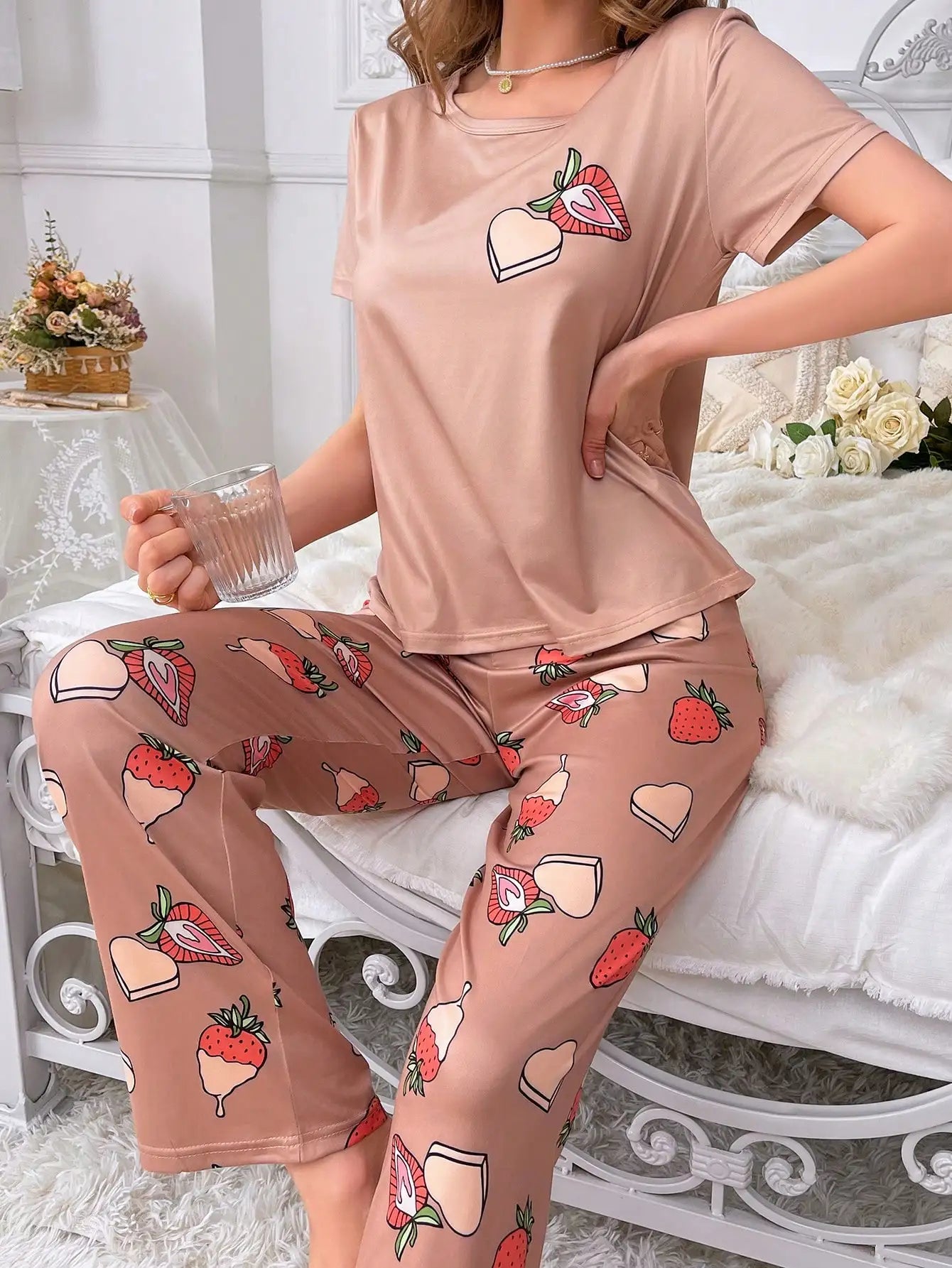 Women's Short Sleeve Pajama Set with Strawberry & Heart Print