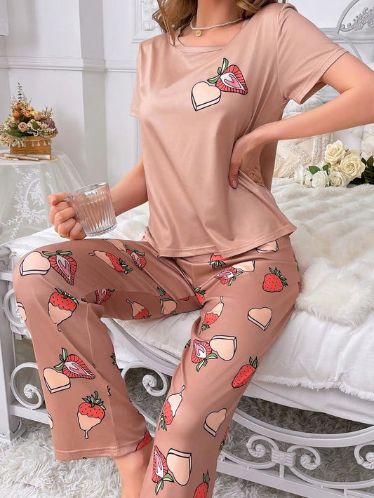 Women's Short Sleeve Pajama Set with Strawberry & Heart Print