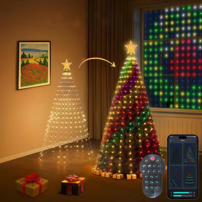 1.8CM/2.1CM RGB Christmas Tree Waterfall Lights With Star Topper,APP Remote Control . Multicolor Fairy Light