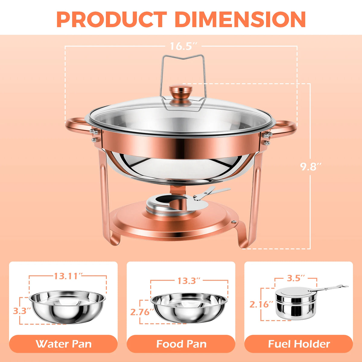 Chafing Dish Set Gold-Plated 5QT Round Warmer Server Stainless Steel 316 with Glass Lids .