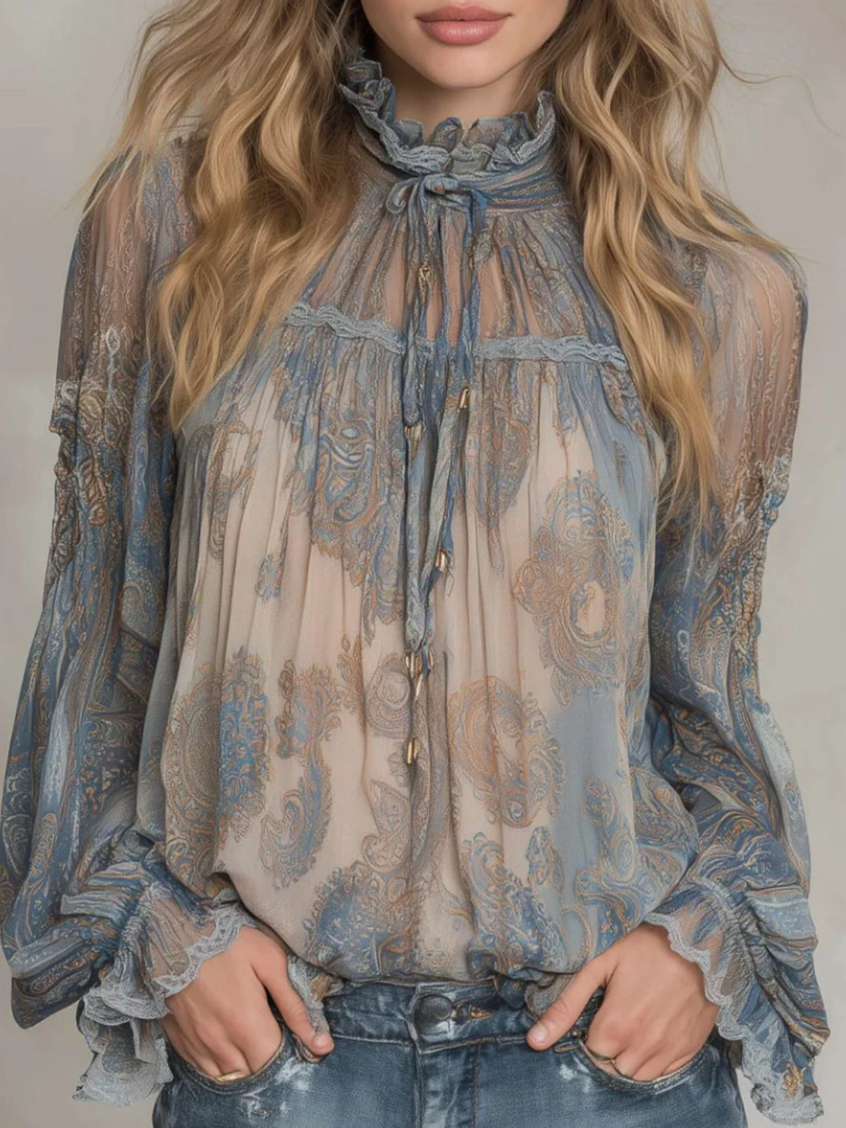 Paisley Print Ruffled High Neck Blouse For Women Tie Front Long Puff Sleeve Ruffle Cuff .
