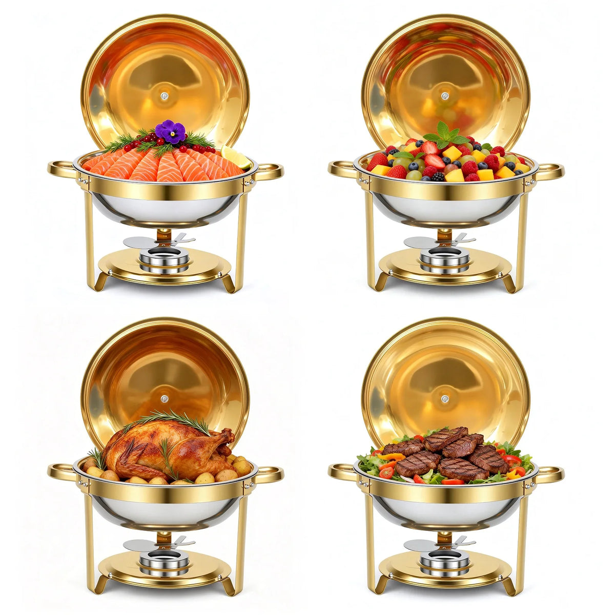 2/4/6 Pack Chafing Dish Buffet Set 5QT Round Gold-Plated Stainless Steel 316 with Glass Lids – .