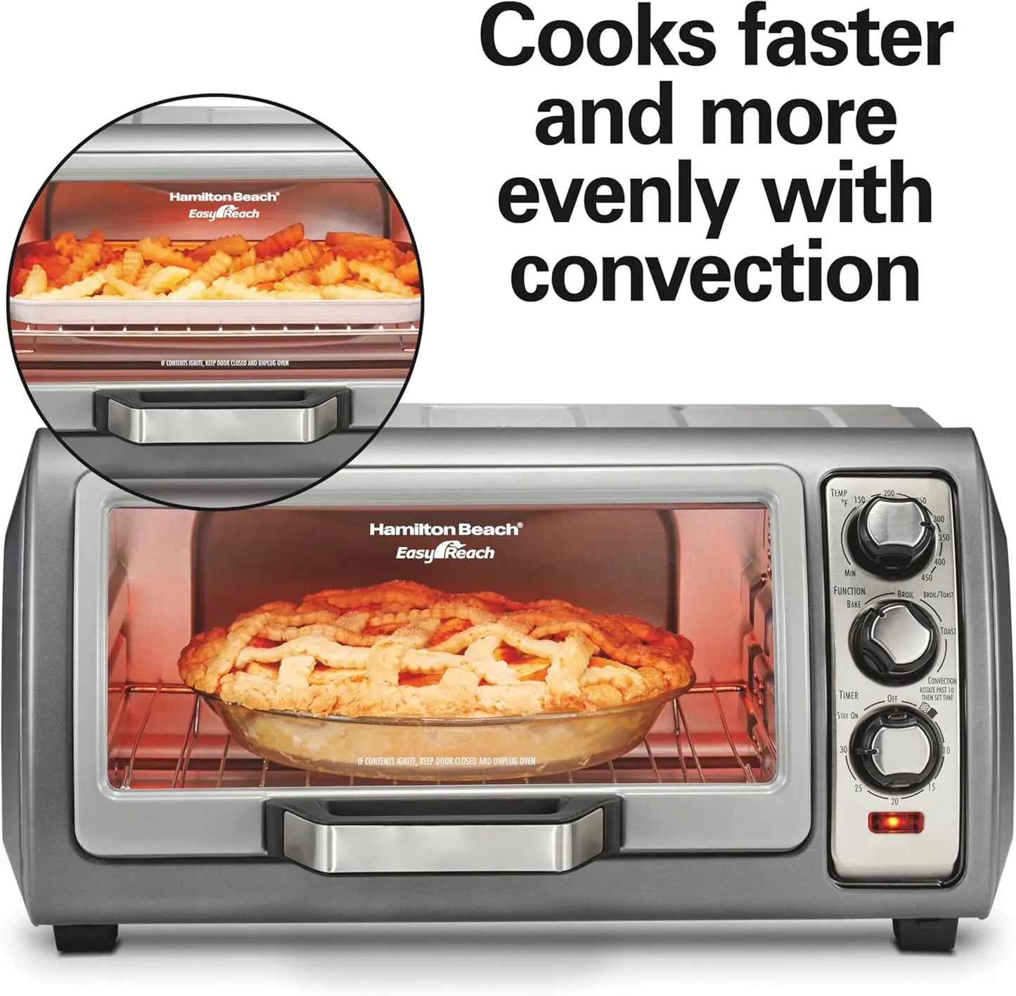 6 Slice Convection Toaster Oven With Easy Reach Roll-Top Door., Auto Shutoff, Silver.