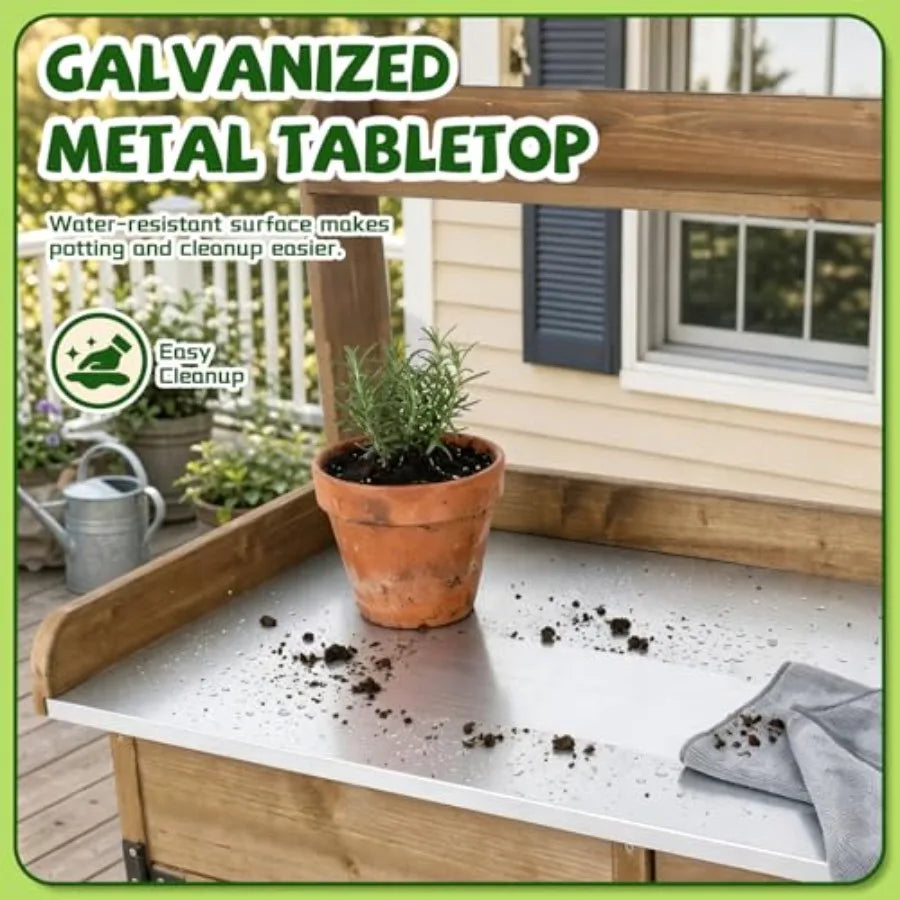 Outdoor Potting Bench Table .Wooden Frame With Metal Tabletop; Natural Brown; .