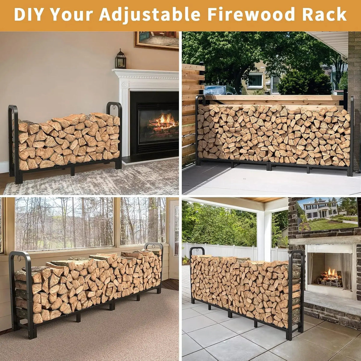 8ft Firewood Rack Outdoor Indoor, Upgraded Heavy Duty Adjustable Fire Wood Rack Holds Up to 4500lbs, .