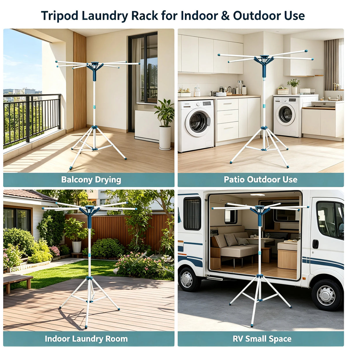 Tripod Clothes Drying Rack Foldable Laundry Rack with 4 Hanging Rods, Adjustable Height 3.61-5.91ft .
