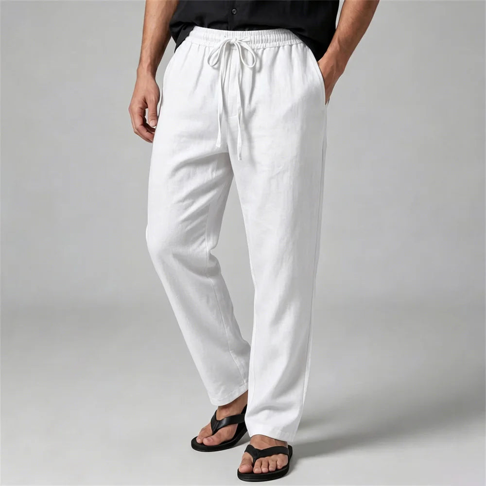 Men's Casual Business Pants Cotton Linen Straight Leg Solid Color Lightweight.