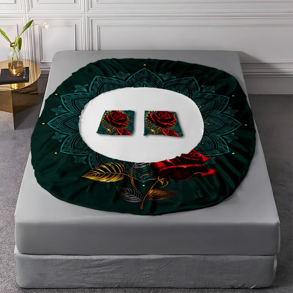 3Piece Bed Sheet Set Green&Rose Flower Printing 1 Fitted Sheet 2 Pillowcases. Microfiber Deep Pocket Full Queen King