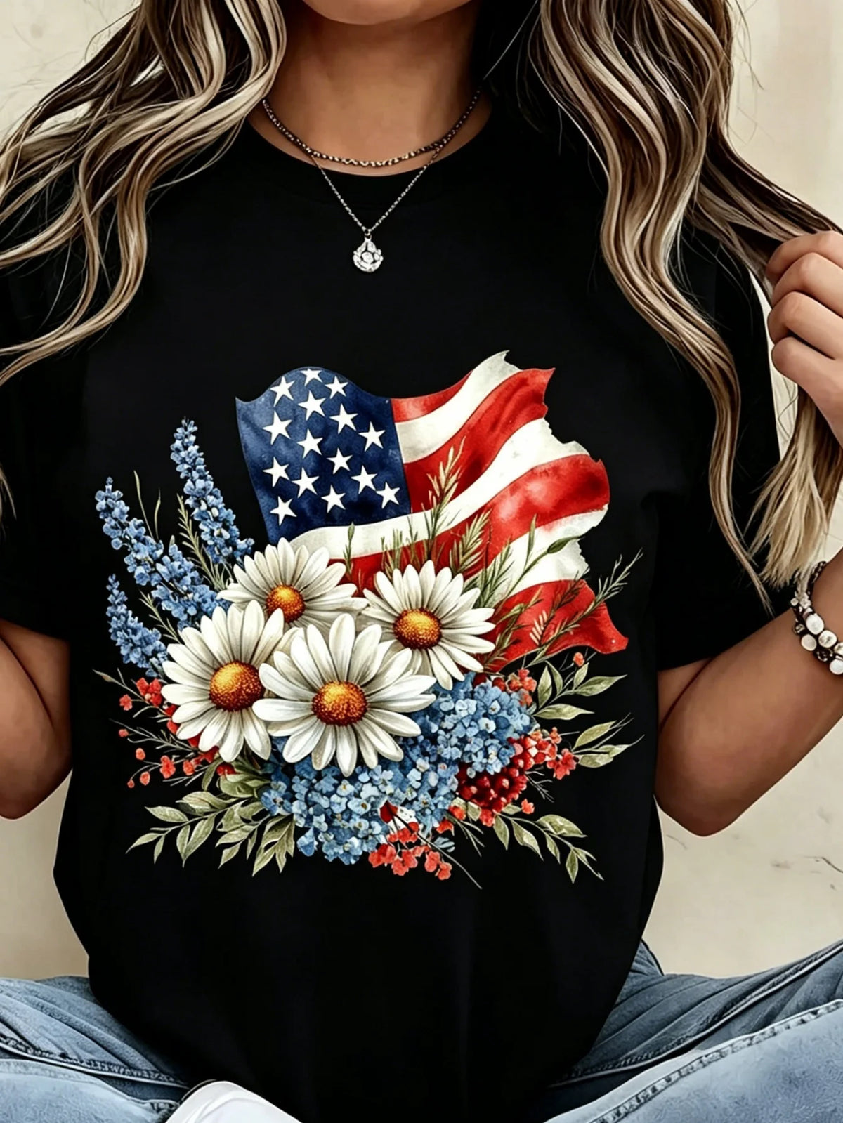 Plus-Size Women'S American Flag Floral Print T-Shirt.