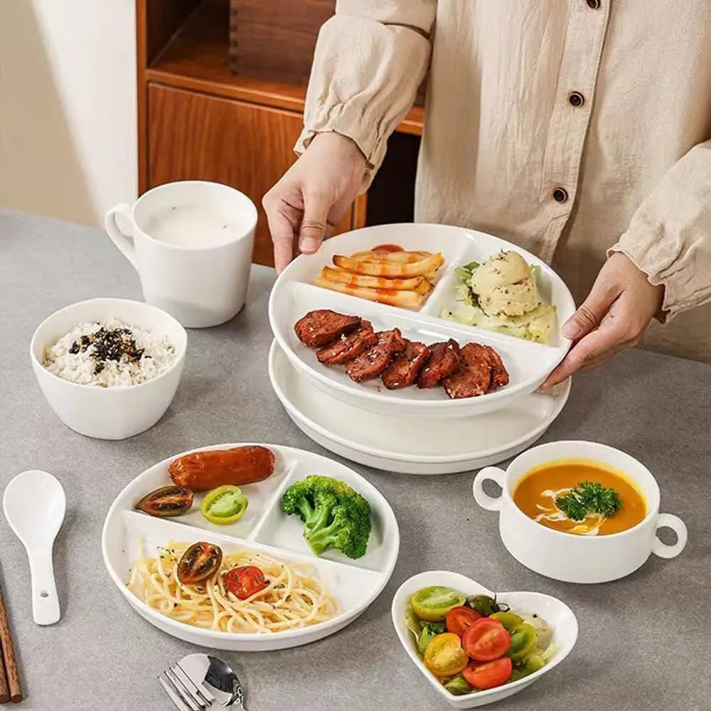 5-Piece Durable Divided Plates, Lightweight Reusable Dinnerware .White, 9 (Portion Control)