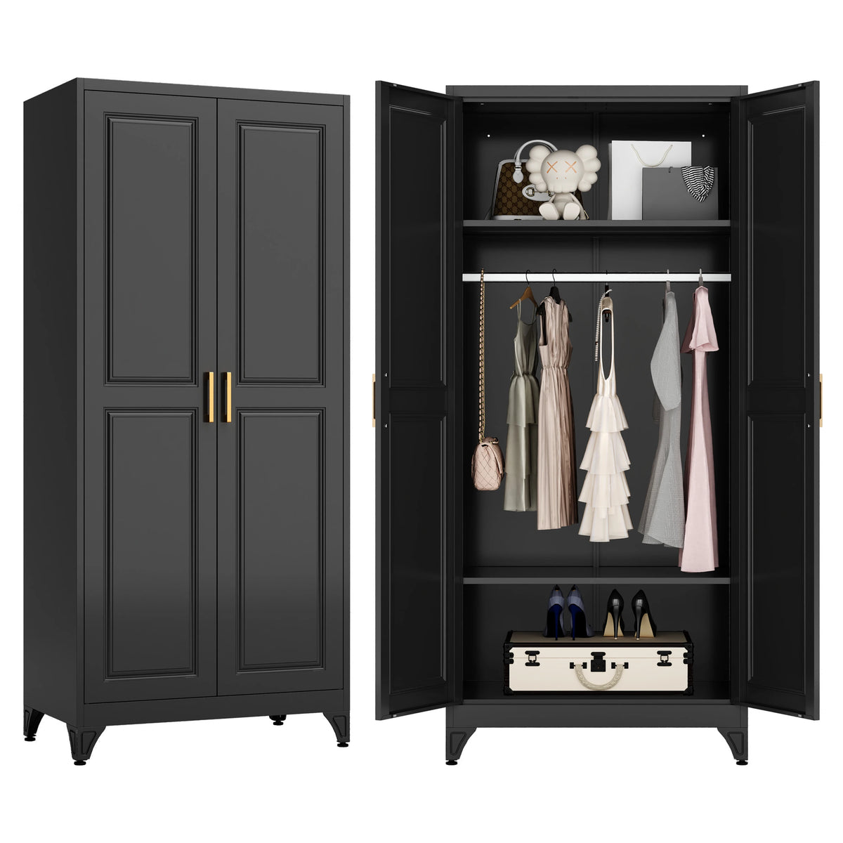 Steel Long Adult Modern Steel Armoire Wardrobe Storage Closet with 2 Doors and Shelves .