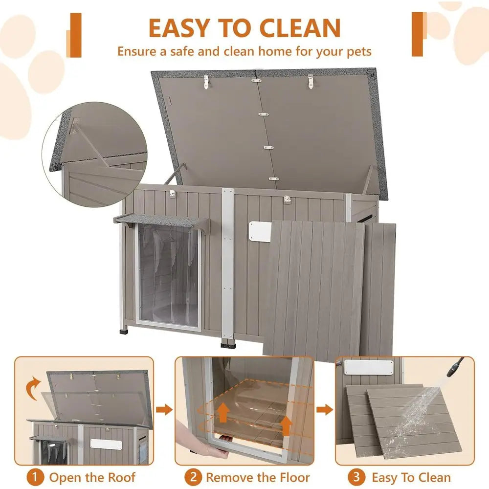 Extra Large Wooden Dog House with Weatherproof Roof, Iron Frame, Removable Floor, Openable Top