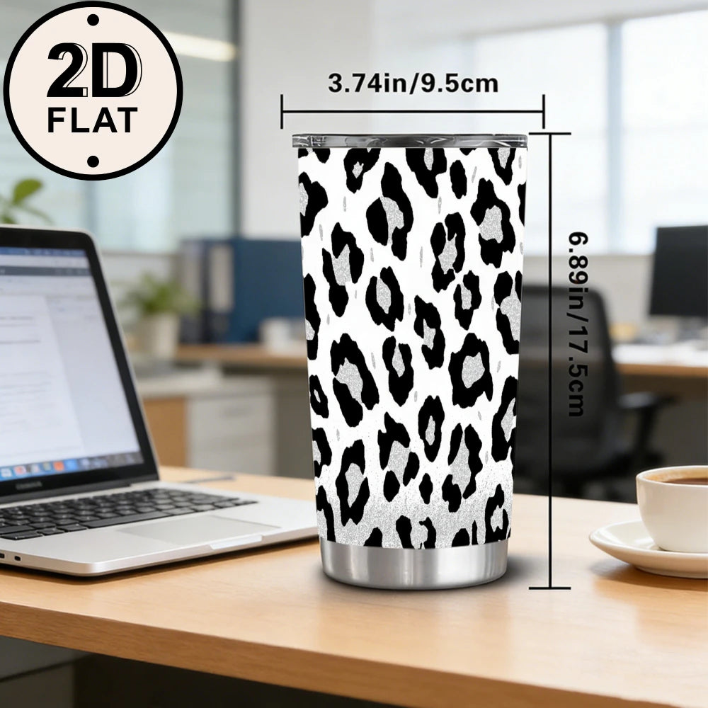 20oz Black Silver Glitter Leopard Print Stainless Steel Tumbler with Lid and Straw.