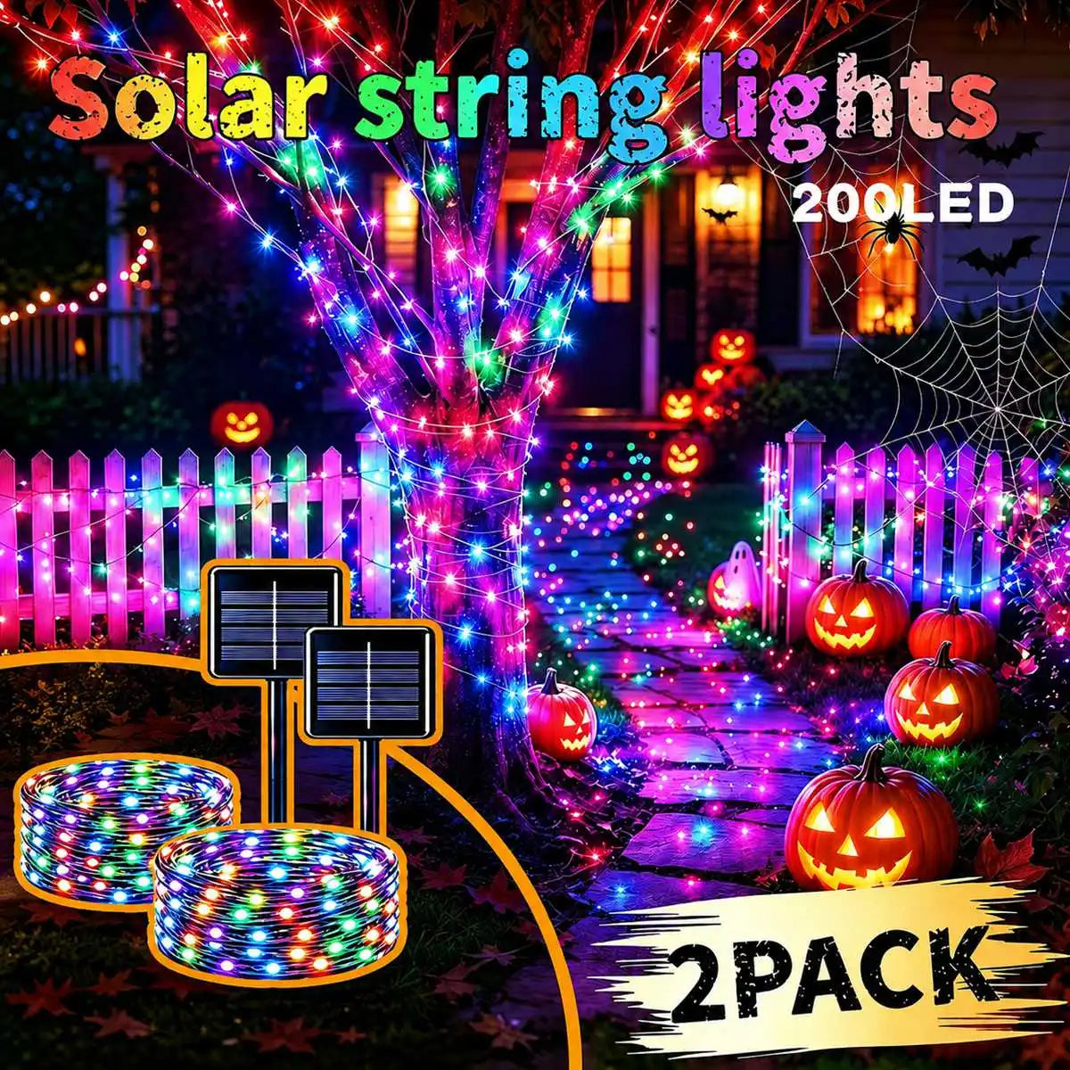 2Pcs/Set Halloween Solar Fairy String Lights Copper Wire LED Outdoor Lights With 8 Modes Outdoor.
