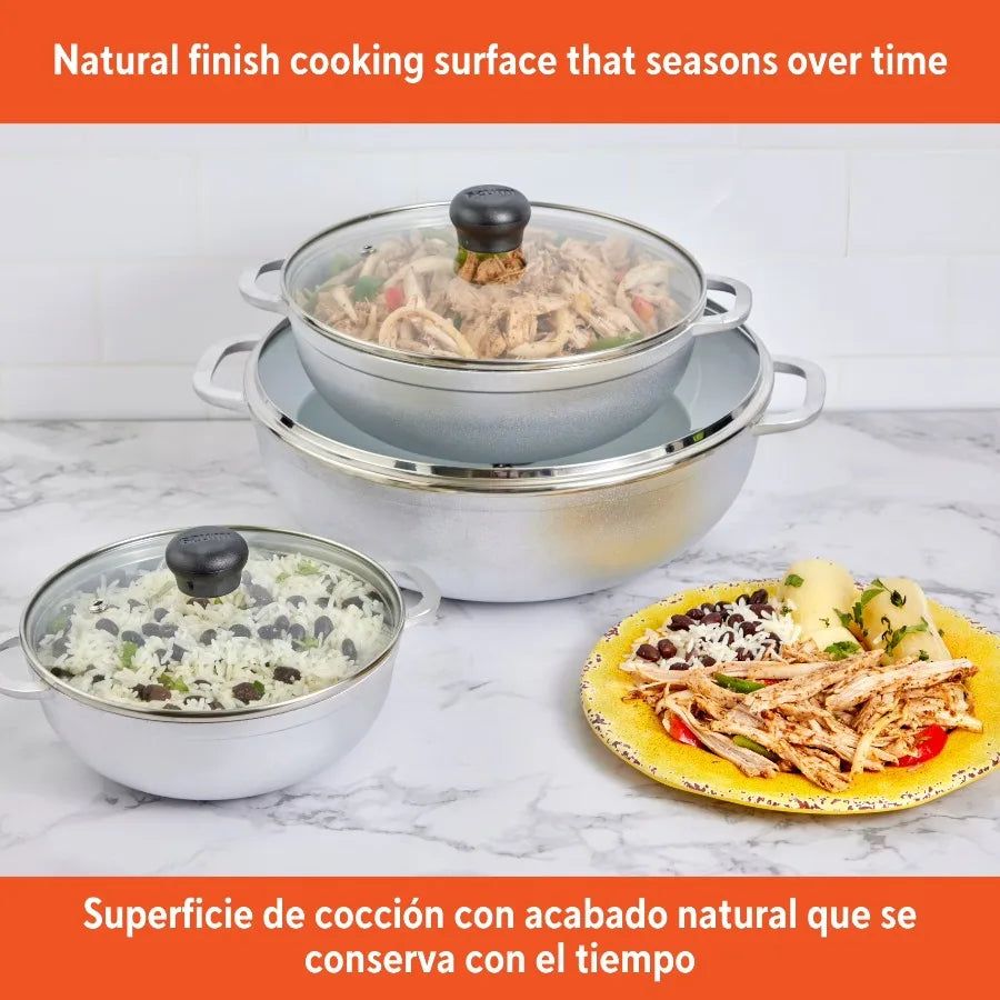 1.5/2.5/5.2qt Cast Aluminum . 3pc Set with Glass Lid - 18/22/28cm Tempered Glass Lid, Riveted Handle.