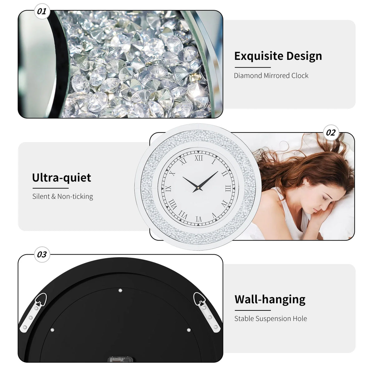 Large Mirror Wall Clock with Crushed Diamond Edge, Sparkling Bling Bling Crystal Round Clock. Luxury Glamorous Home Decor, Silent Non-Ticking Quartz, .
