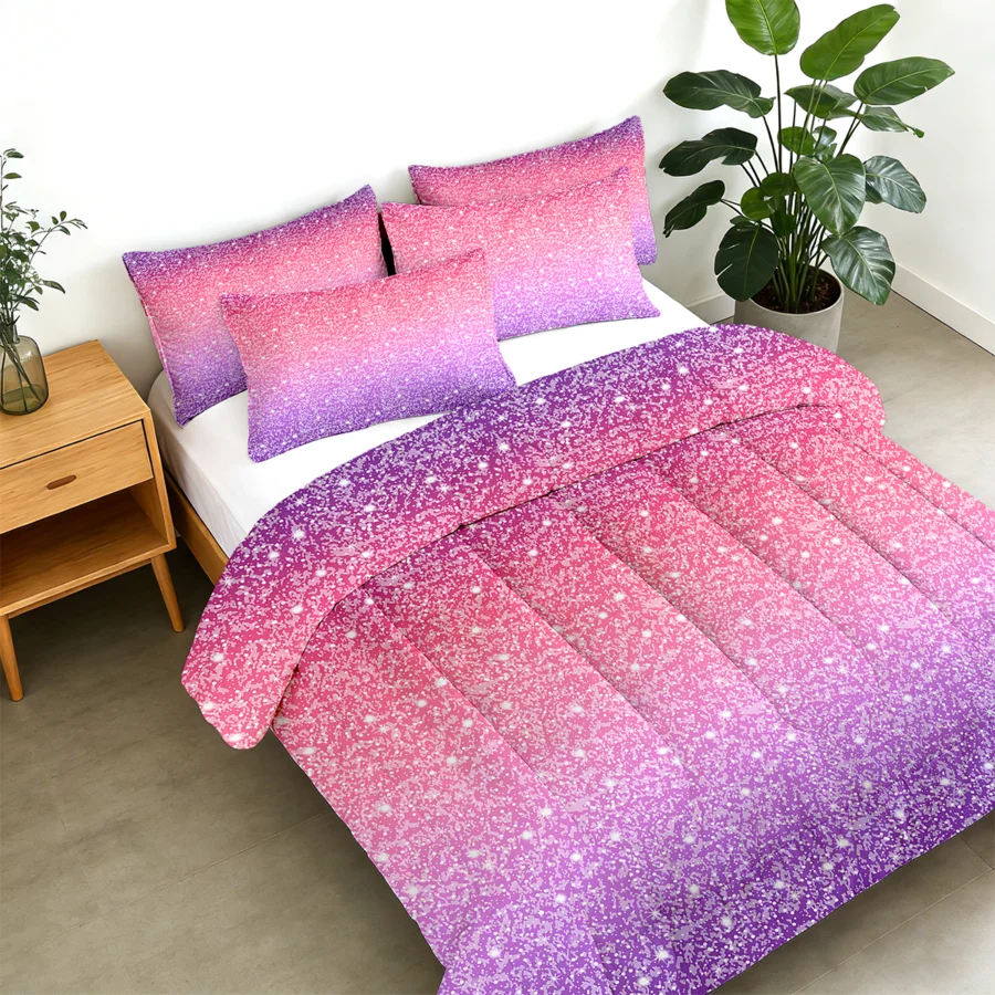 2/3pcs Pink Blue Purple Ombre Glitter Print Bed Comforter Sets, Twin Full Queen King Sizes,.