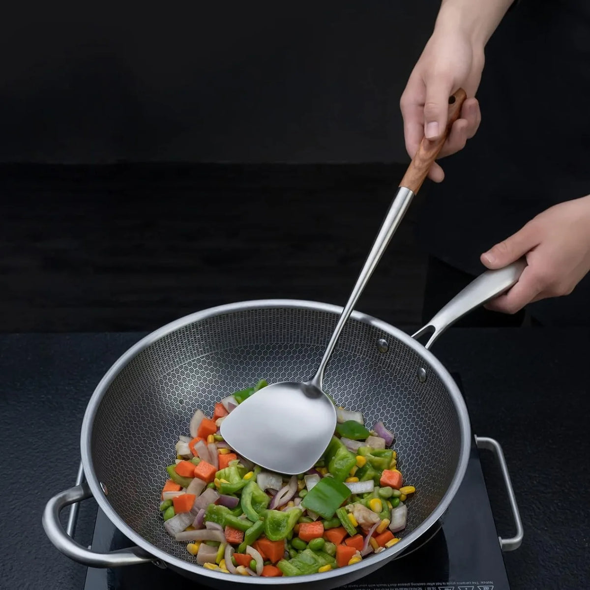 4PCS, Wok Spatula and Ladle, Skimmer Spoon, Slotted Turner Spatula Set, Stainless Steel Kitchen Utensils Sets, with Wooden Handle,.
