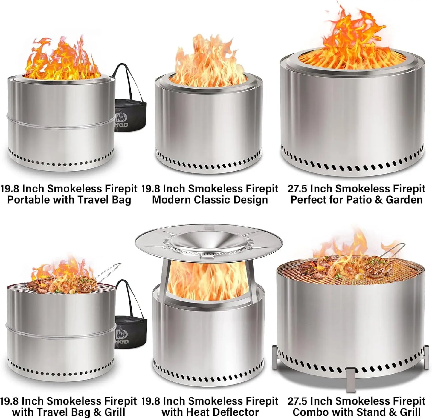 20 Inch Smokeless Fire Pit Outdoor, Stainless Steel Wood Burning Firepit