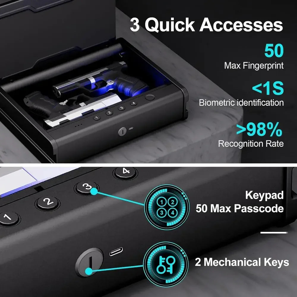 Biometric Handgun Safe with Fingerprint, Key, and Voice Activation