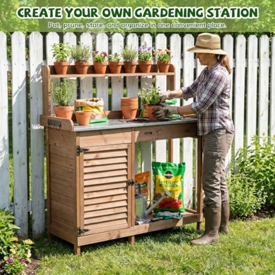 Outdoor Potting Bench Table .Wooden Frame With Metal Tabletop; Natural Brown; .