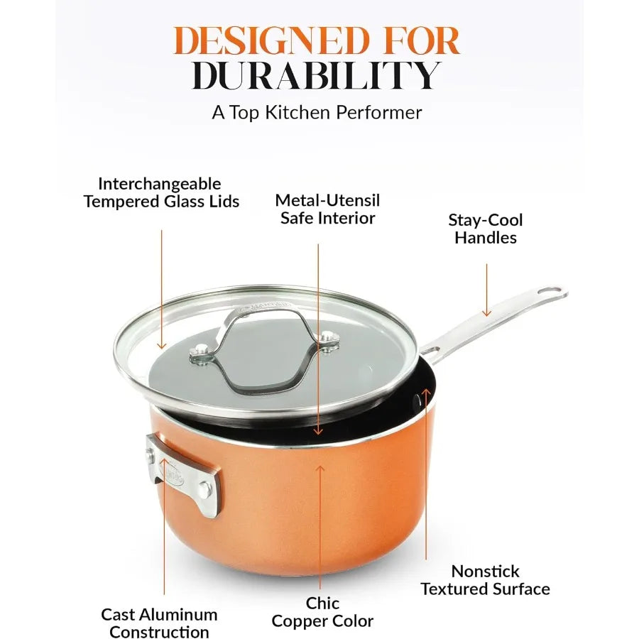 Stackable Pots and Pans Stackmaster 10 Piece Cookware Set with Ultra Nonstick Cast Texture Ceramic Coating Copper