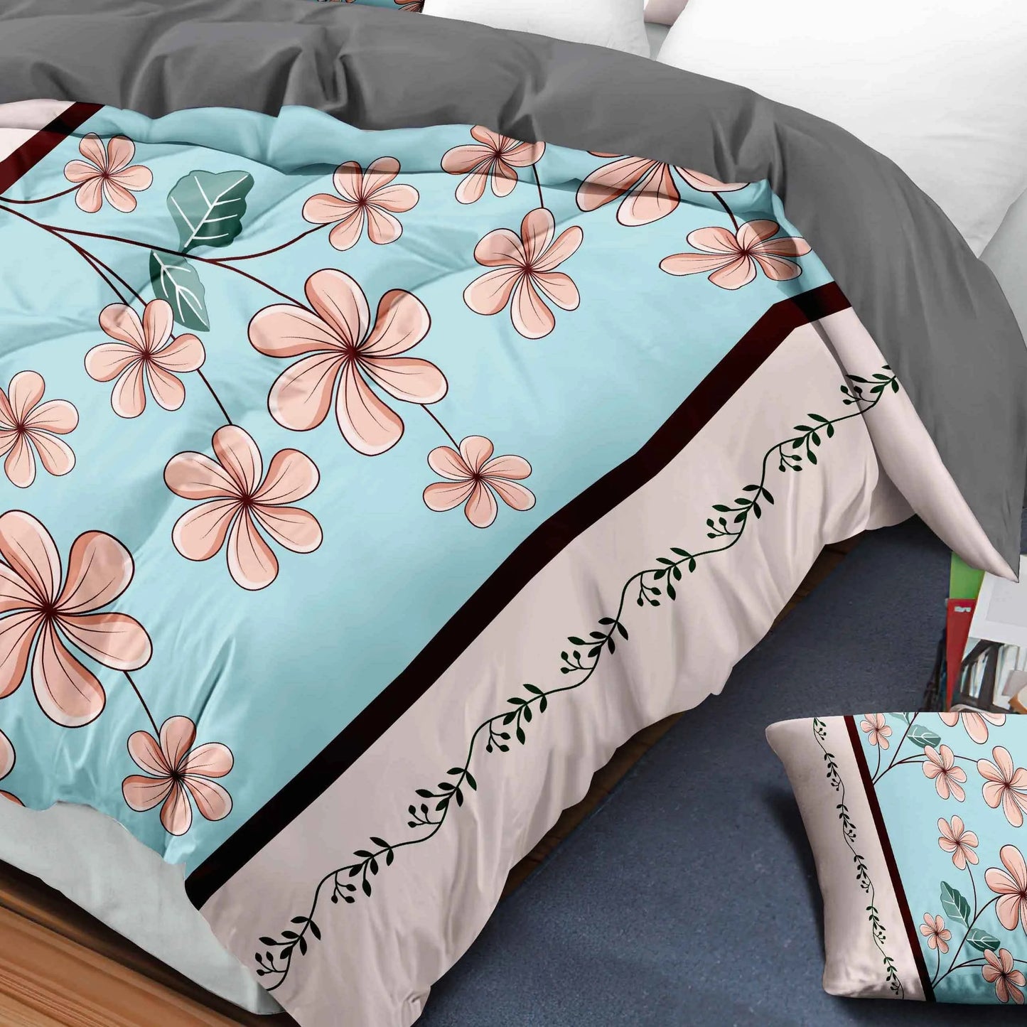 9 Piece Luxury Bedspread And Curtain Set Purple Floral Microfiber All Season