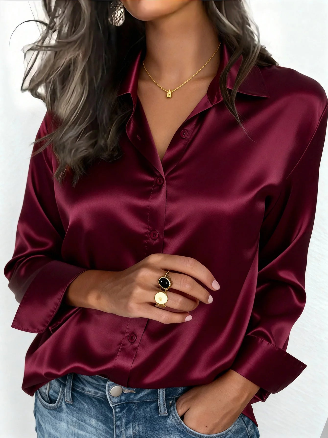 Women's Satin Button-Up Blouse, Apparel