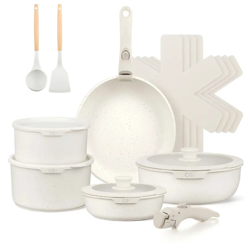 17‑Piece Detachable Handle Marble Non‑Stick Cookware Set, Oven & Dishwasher Safe .