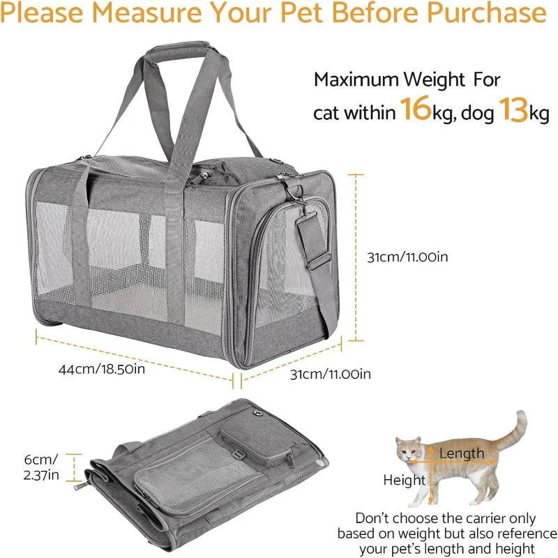 Airline Approved Pet Carrier for Cats Dogs Soft Travel Bag with Breathable Honeycomb Board ,Removable .
