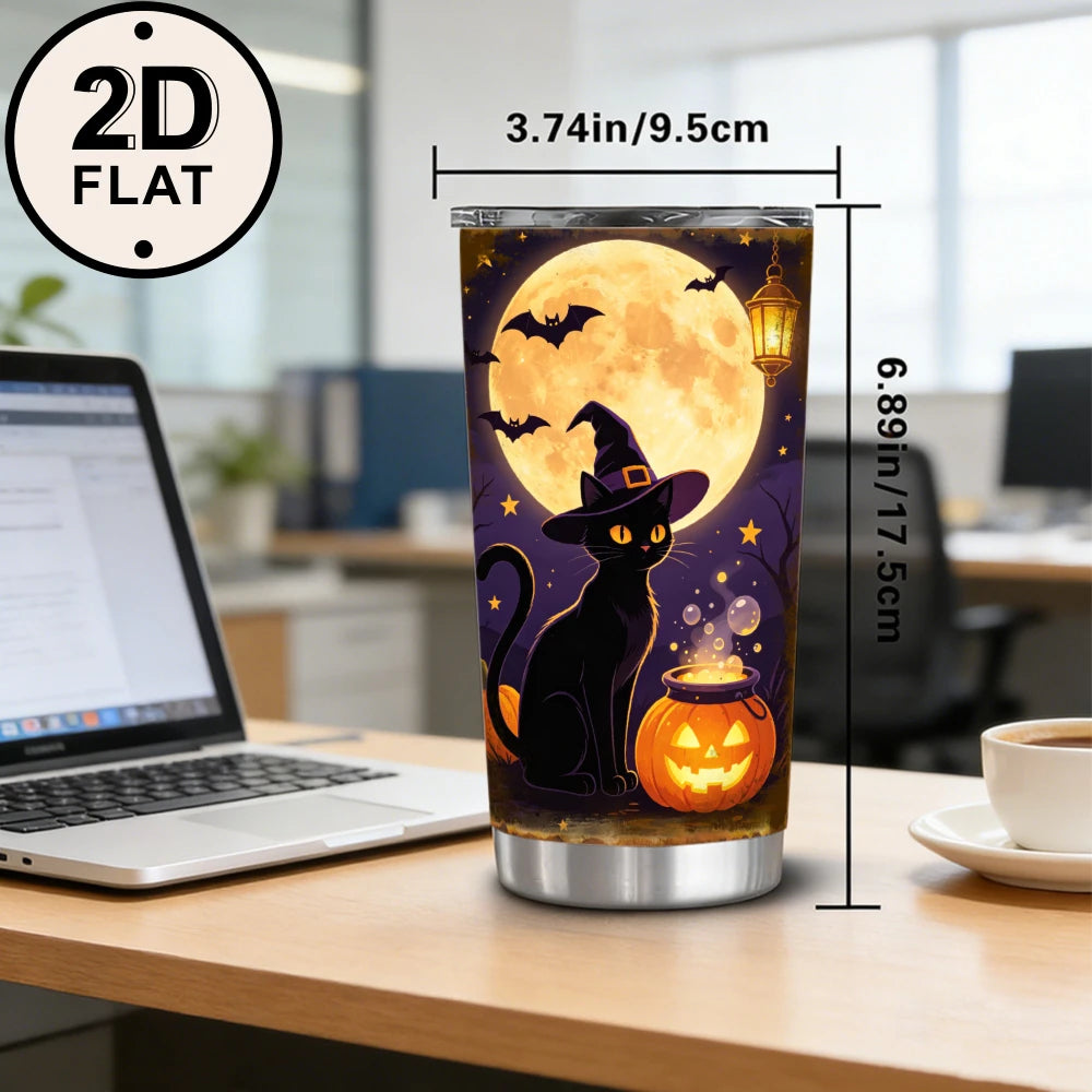 20oz Halloween Black Cat Witch Printed Stainless Steel Tumbler with Lid and Straw, Full Moon Glowing Pumpkin Cauldron Spooky Night .