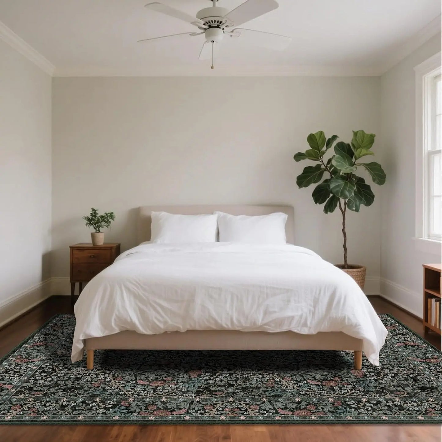 8x10 Washable Vintage Area Rug, Floral Low Pile Non-Slip Carpet.Dark Green