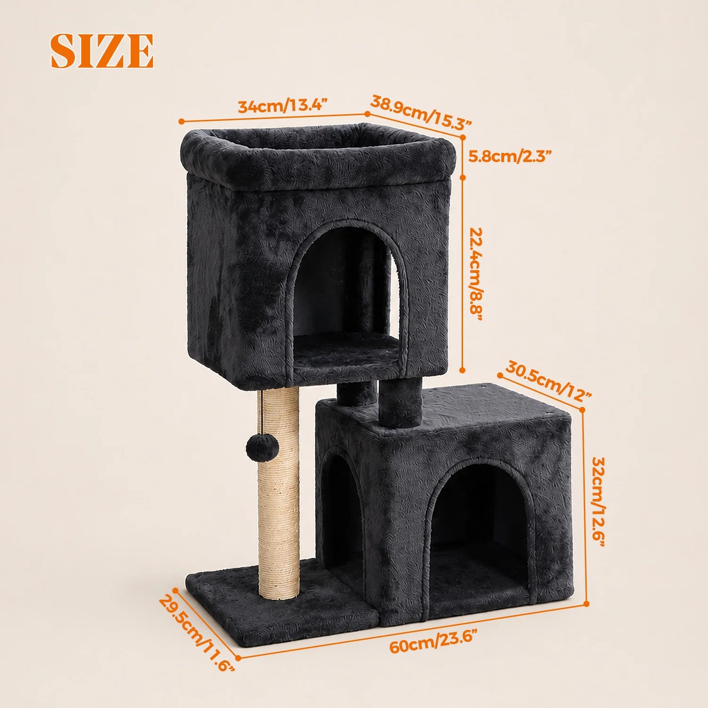 30-Inch Cat Tree with 2 Cozy Condos Sisal Scratching Post Soft Top Perch Hanging Pompom .