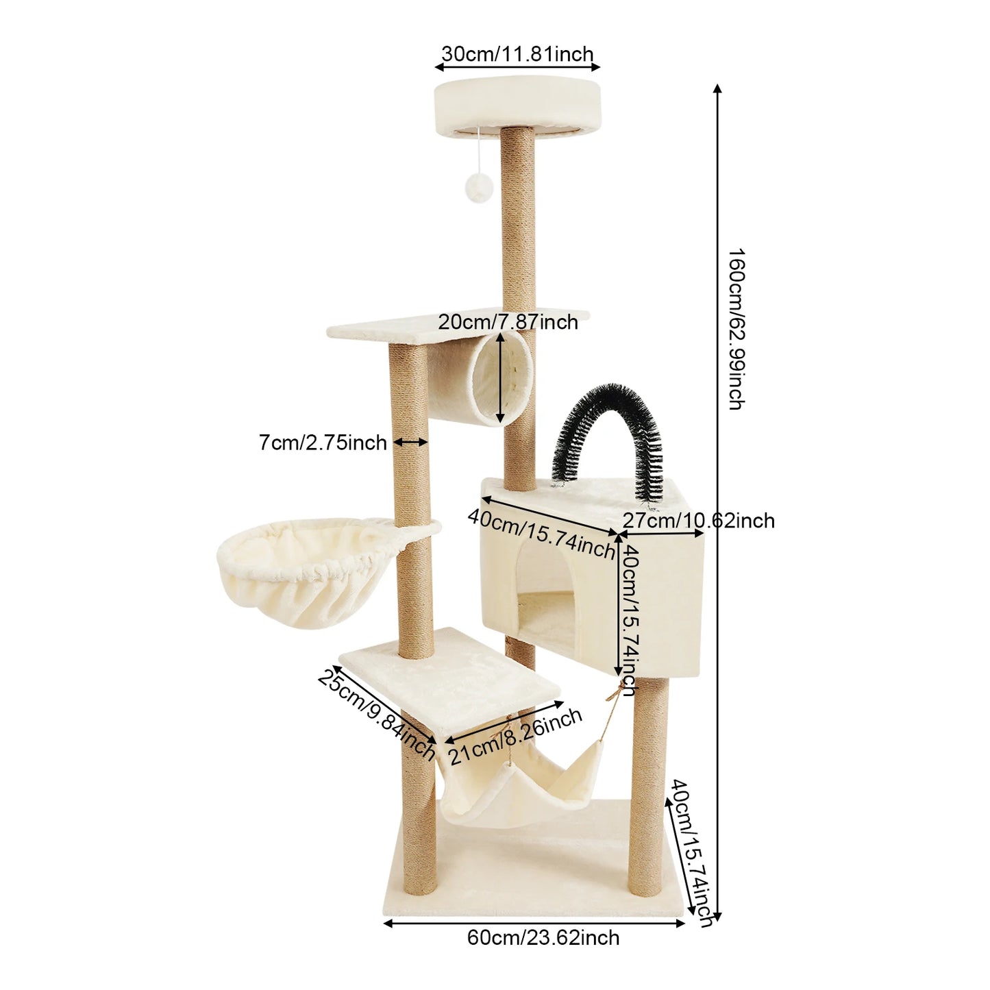 1.6m Cat Scratching Post Multi-Level Cat Tower  Cat Climbing Frame with Cat Cave Hammock Hanging Ball Jumping Platforms for Indoor Large Cats