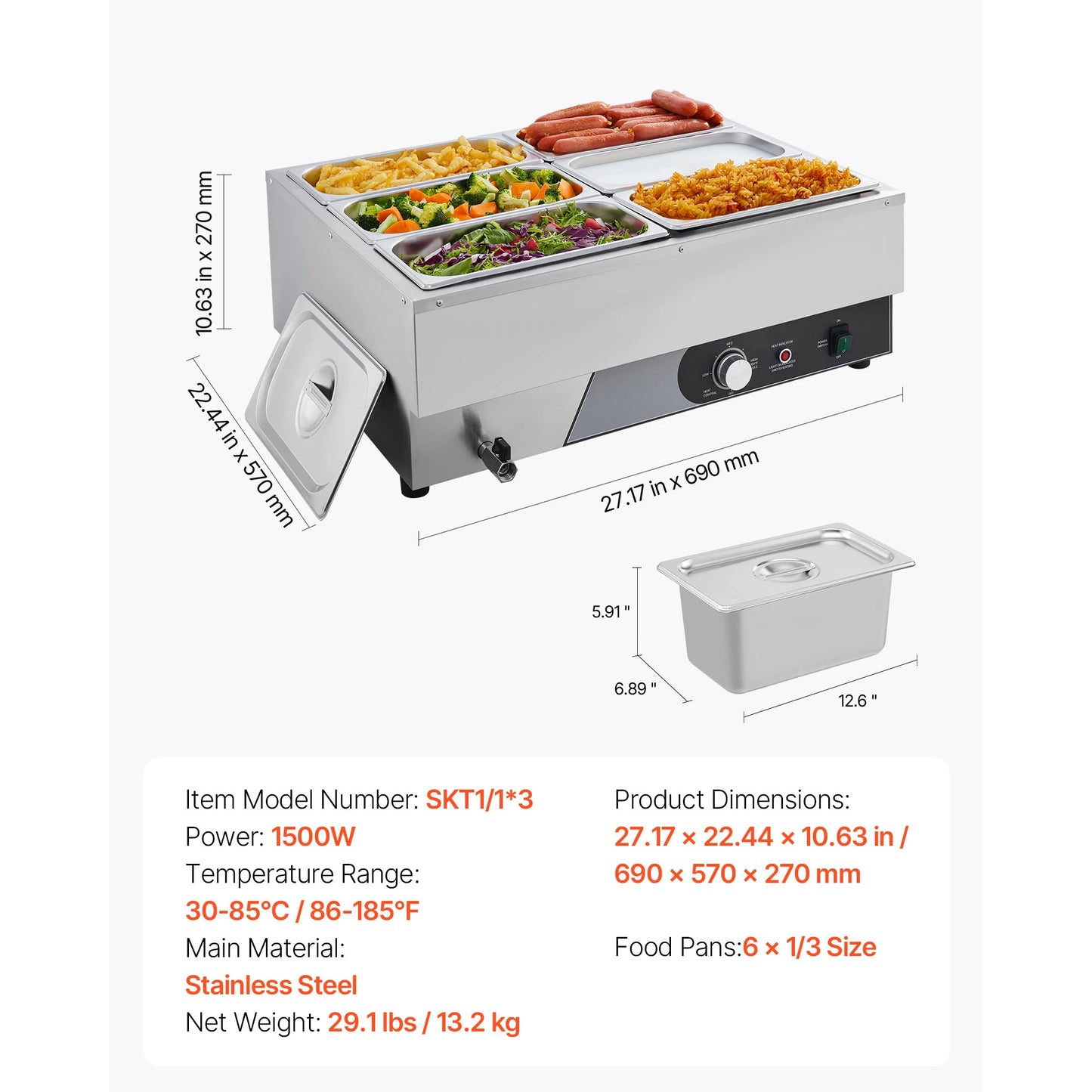 SucceBuy Commercial Food Warmer 1500W Electric Stainless Steel Steam Food Warming with Lid for Catering.