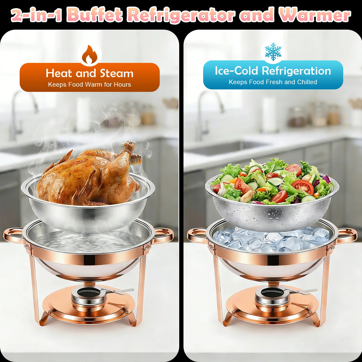Chafing Dish Set Gold-Plated 5QT Round Warmer Server Stainless Steel 316 with Glass Lids .
