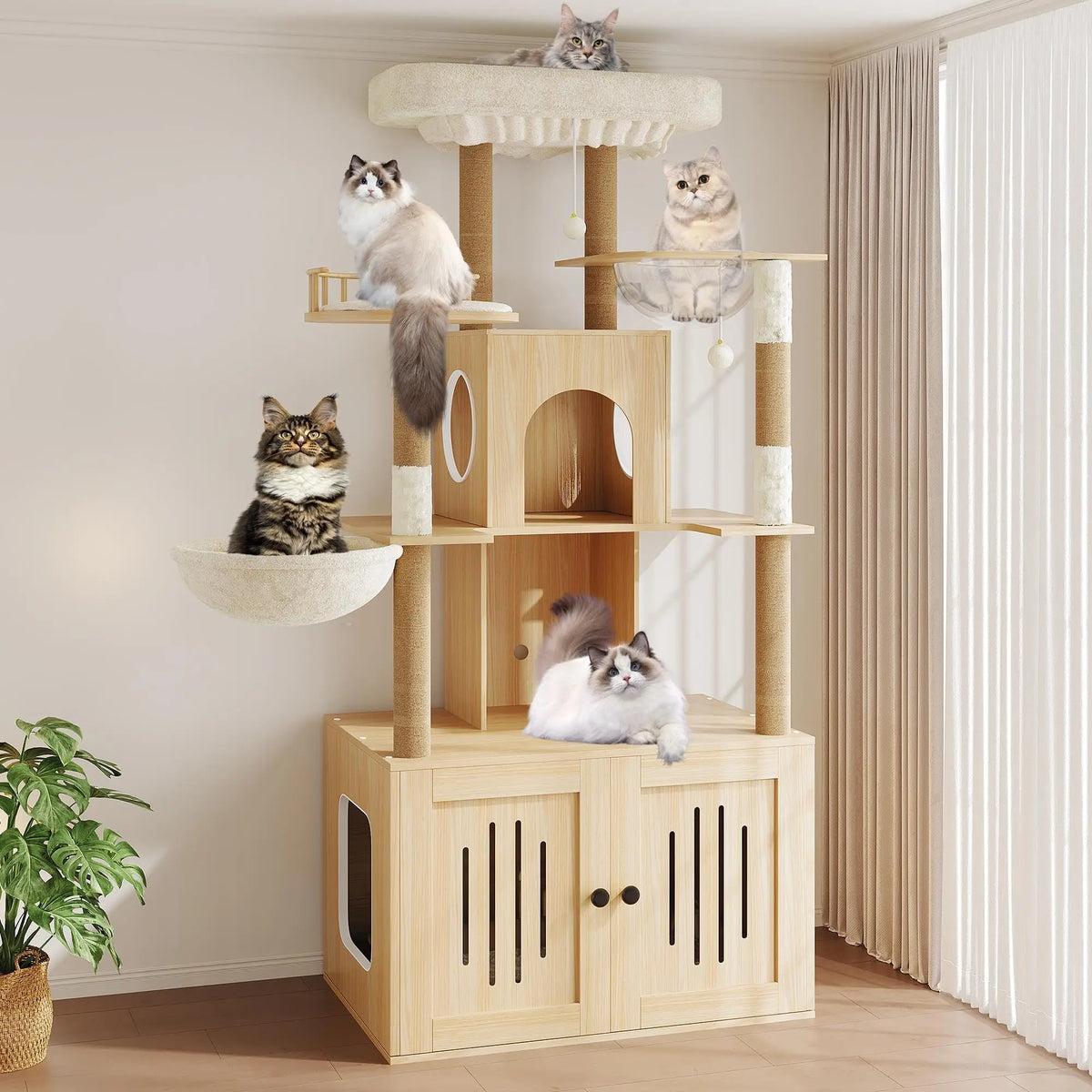 Multi-Level Cat Tree with Hidden Litter Box Enclosure Sisal Scratching Posts Condo & Hammock . Modern Litter Box Furniture