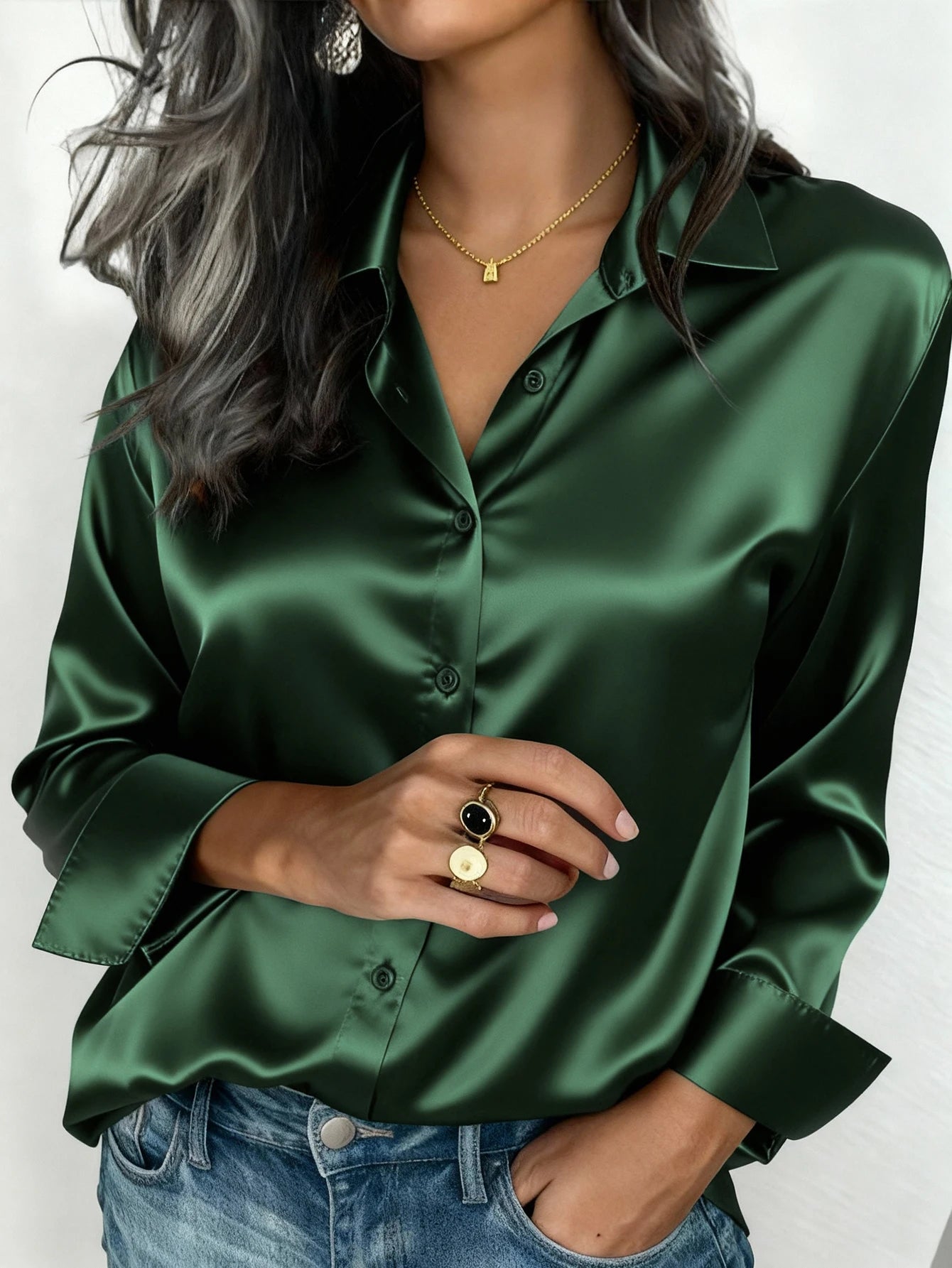 Women's Satin Button-Up Blouse, Apparel