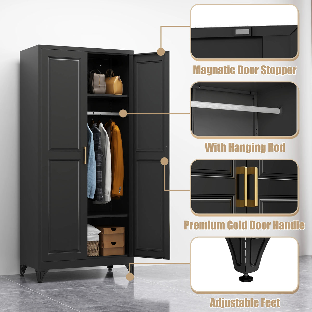 Steel Long Adult Modern Steel Armoire Wardrobe Storage Closet with 2 Doors and Shelves .