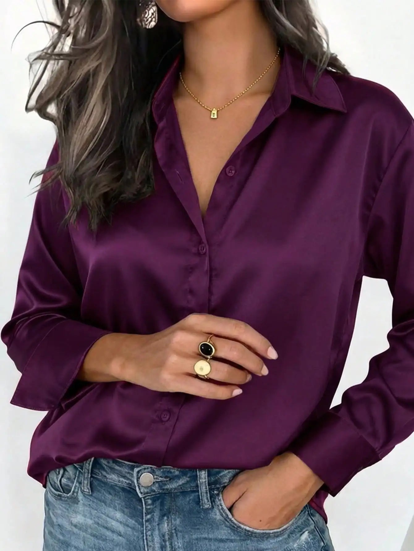 Women's Satin Button-Up Blouse, Apparel