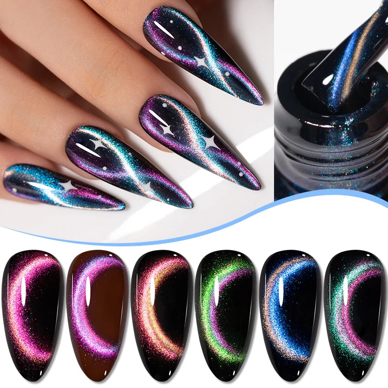 6pcs Magnetic Cat Eye Gel Polish Set, Aurora Glitter Rainbow Colors,.